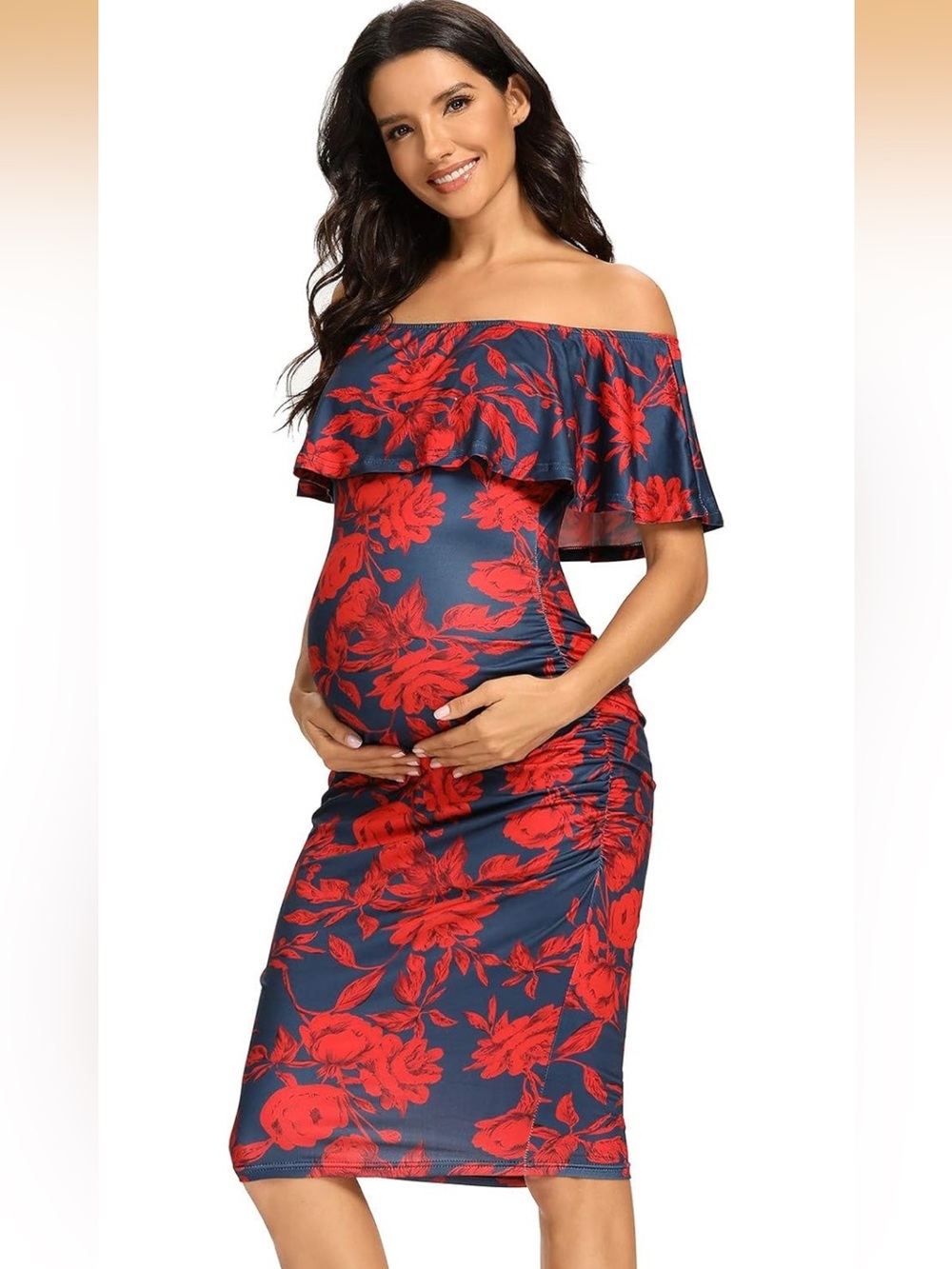 Maternity Navy and Red Floral Bodycon Off Shoulder Dress Size Small